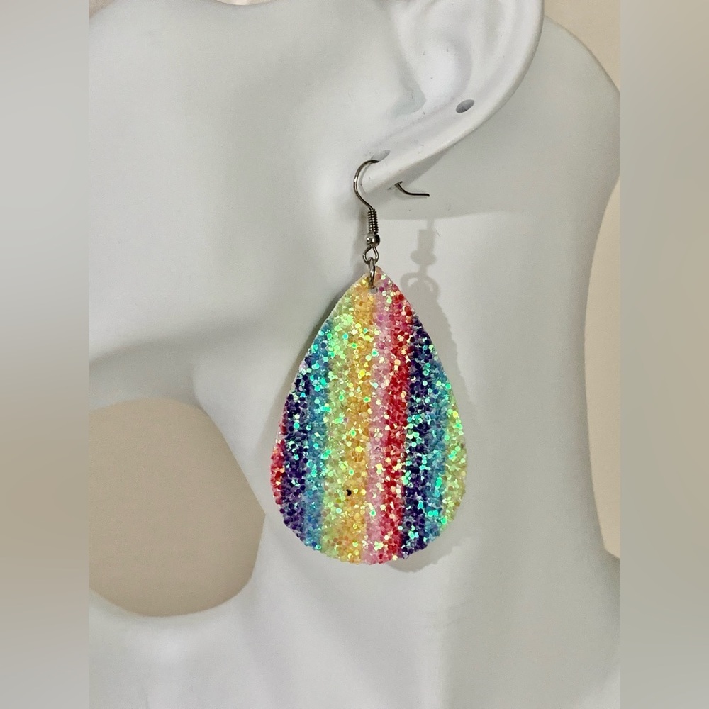 Large raindrop dangle glitter rainbow earrings